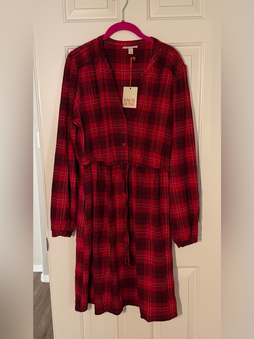 Knox Rose Red Plaid Button-Front Drawstring Dress Cabincore